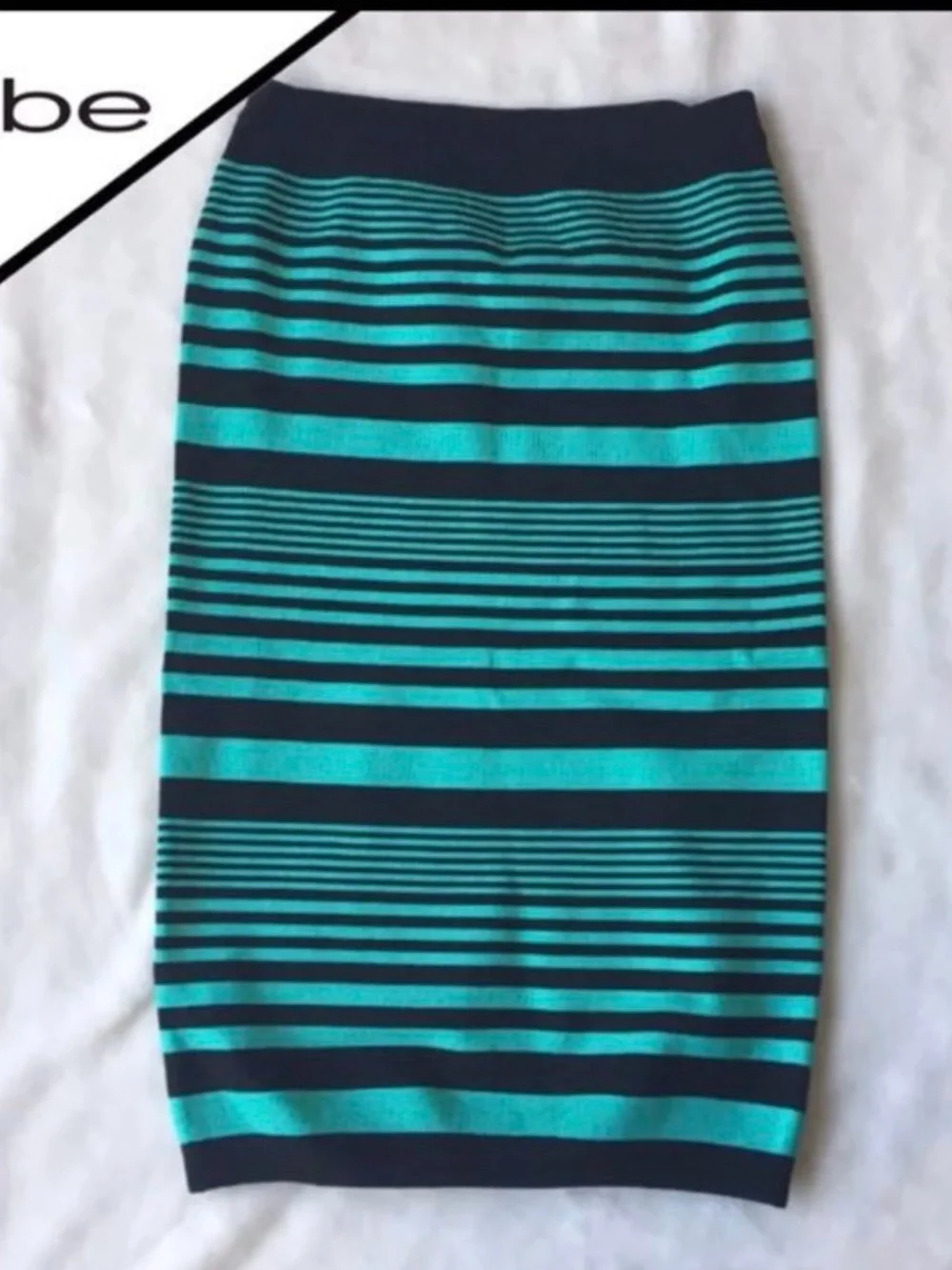 bebe Black and Teal Striped Knit Midi Skirt